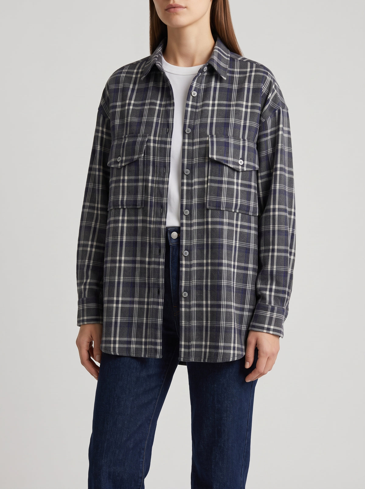 Emma Loose Checked Blouse - Dark Blue
