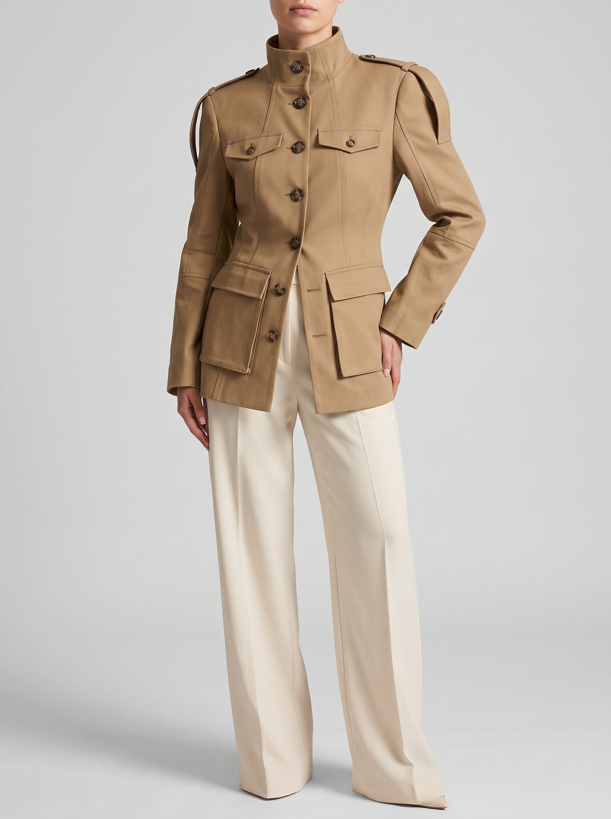Melinda Fitted Mandarin-Collar Trench Coat