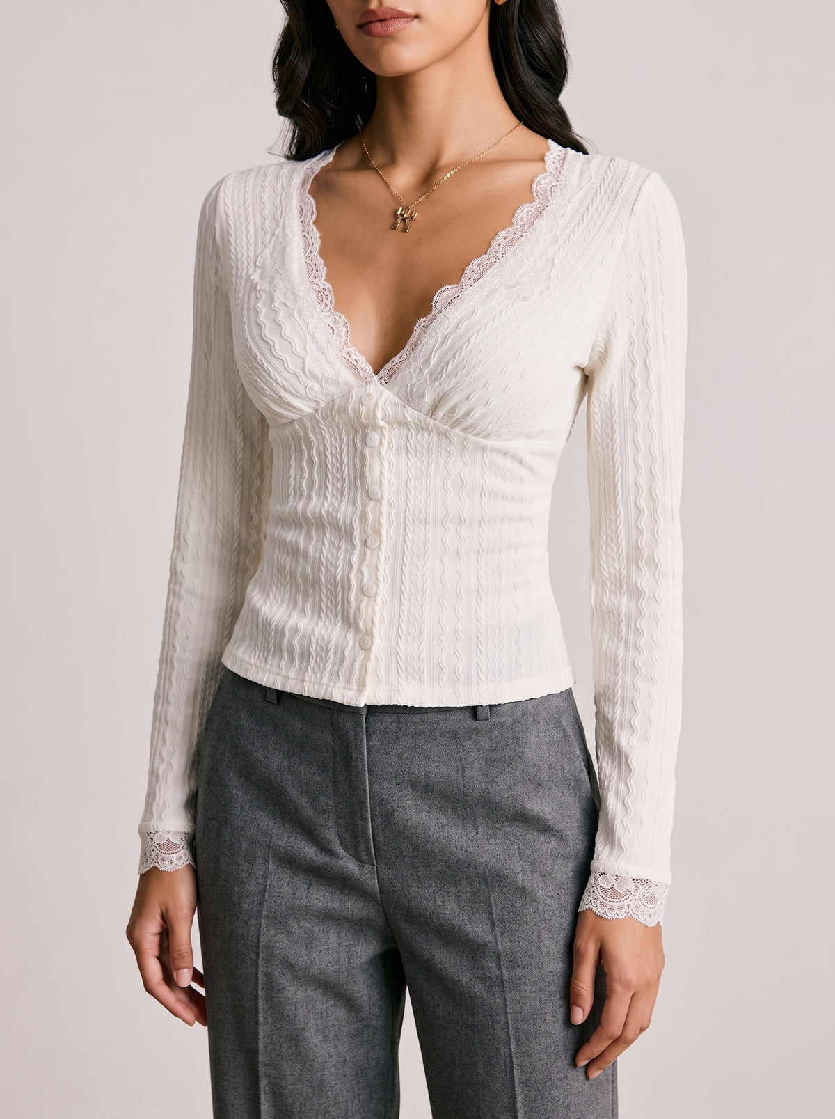 Nyla Long Sleeve Lace Trim Blouse