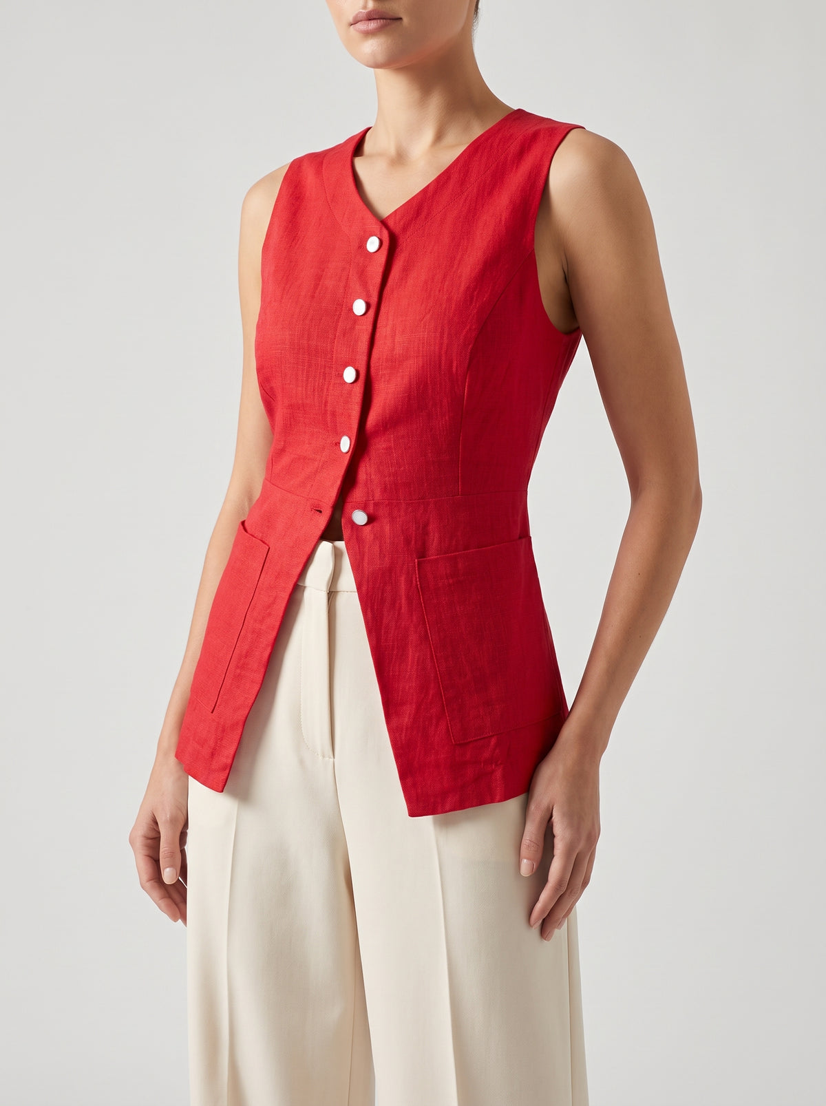Mabel Cotton And Linen Sleeveless Waistcoat - Scarlet