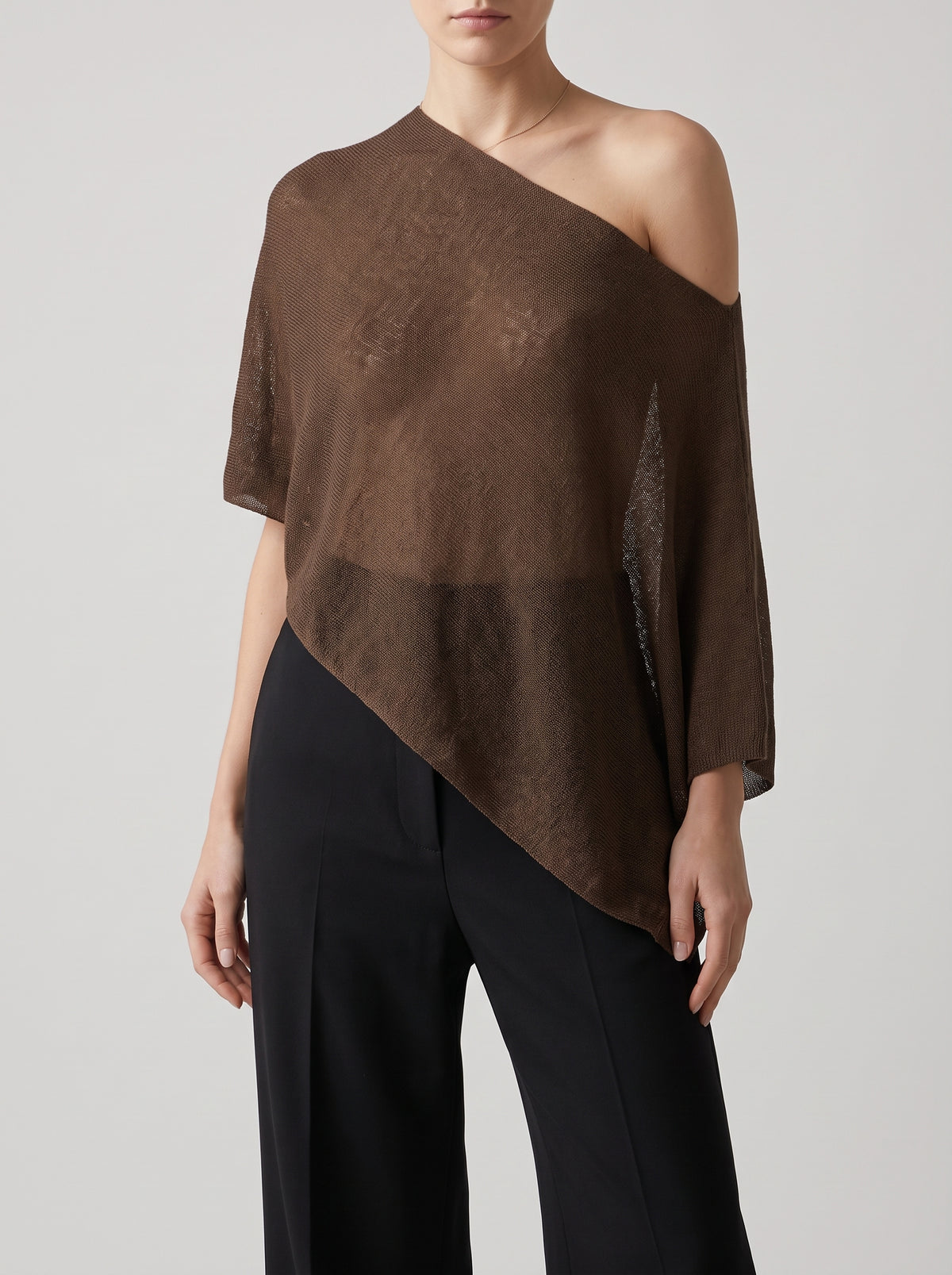 Asymmetric Sheer Knit Poncho Top — Dark Brown