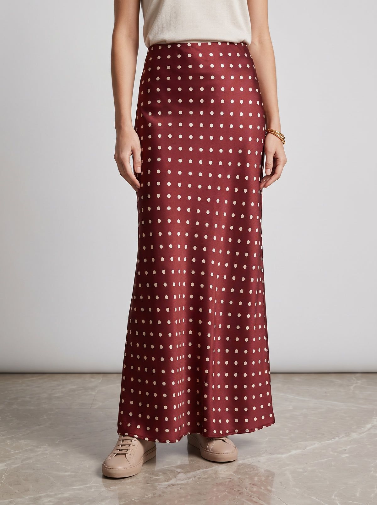 Beatrice Polka Dot Satin Maxi Skirt — Burgundy