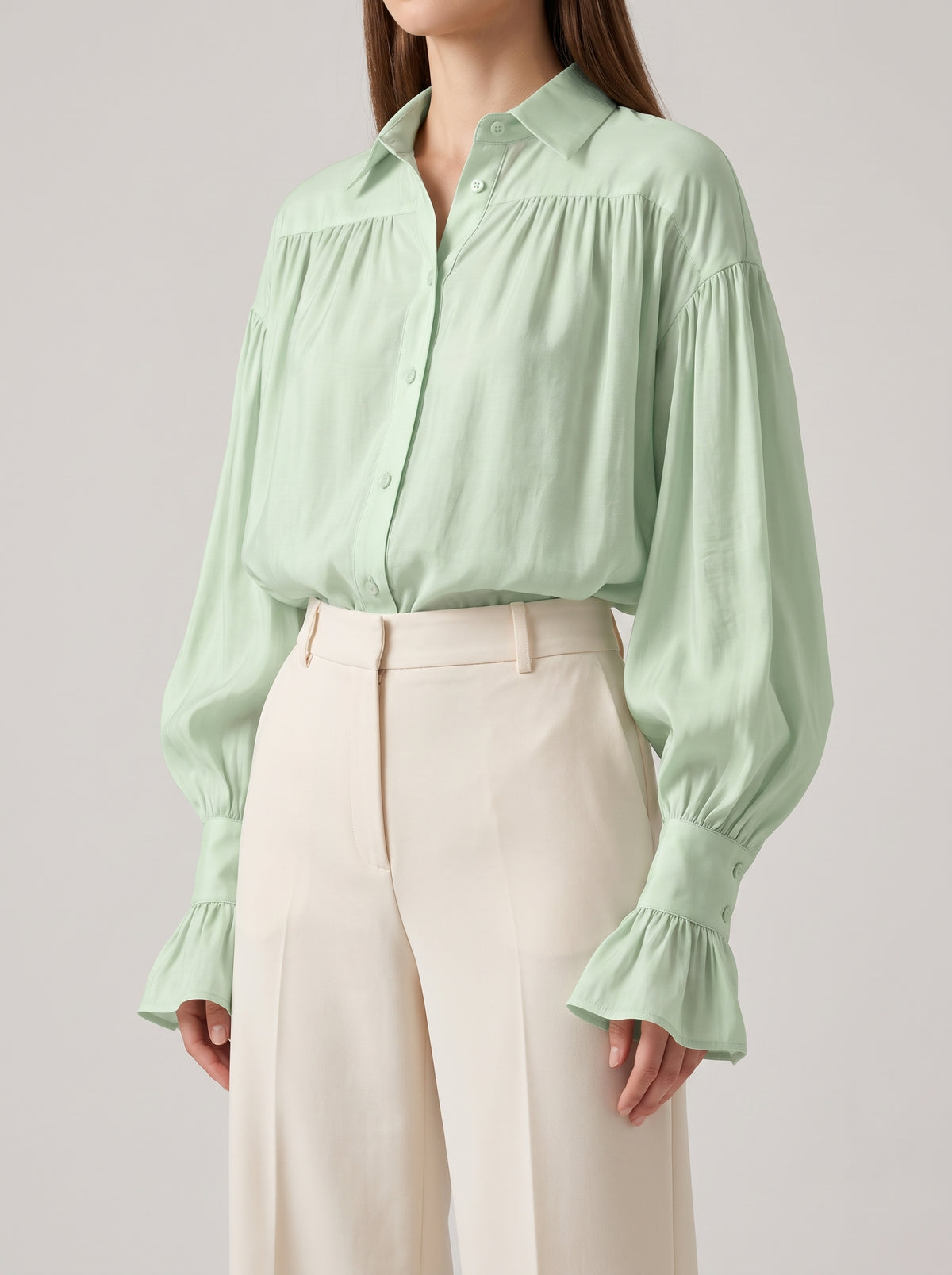 Brielle Sheer Button-Up Blouse - Light Green