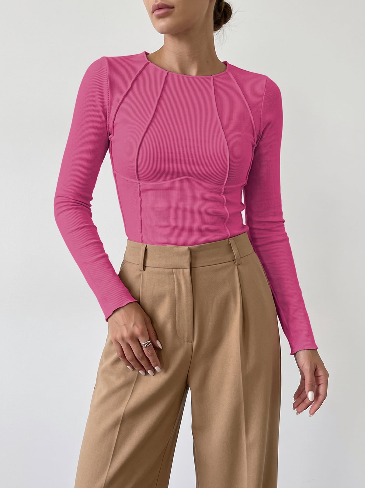 Piper Contrast Trim Long Sleeve Top — Pink