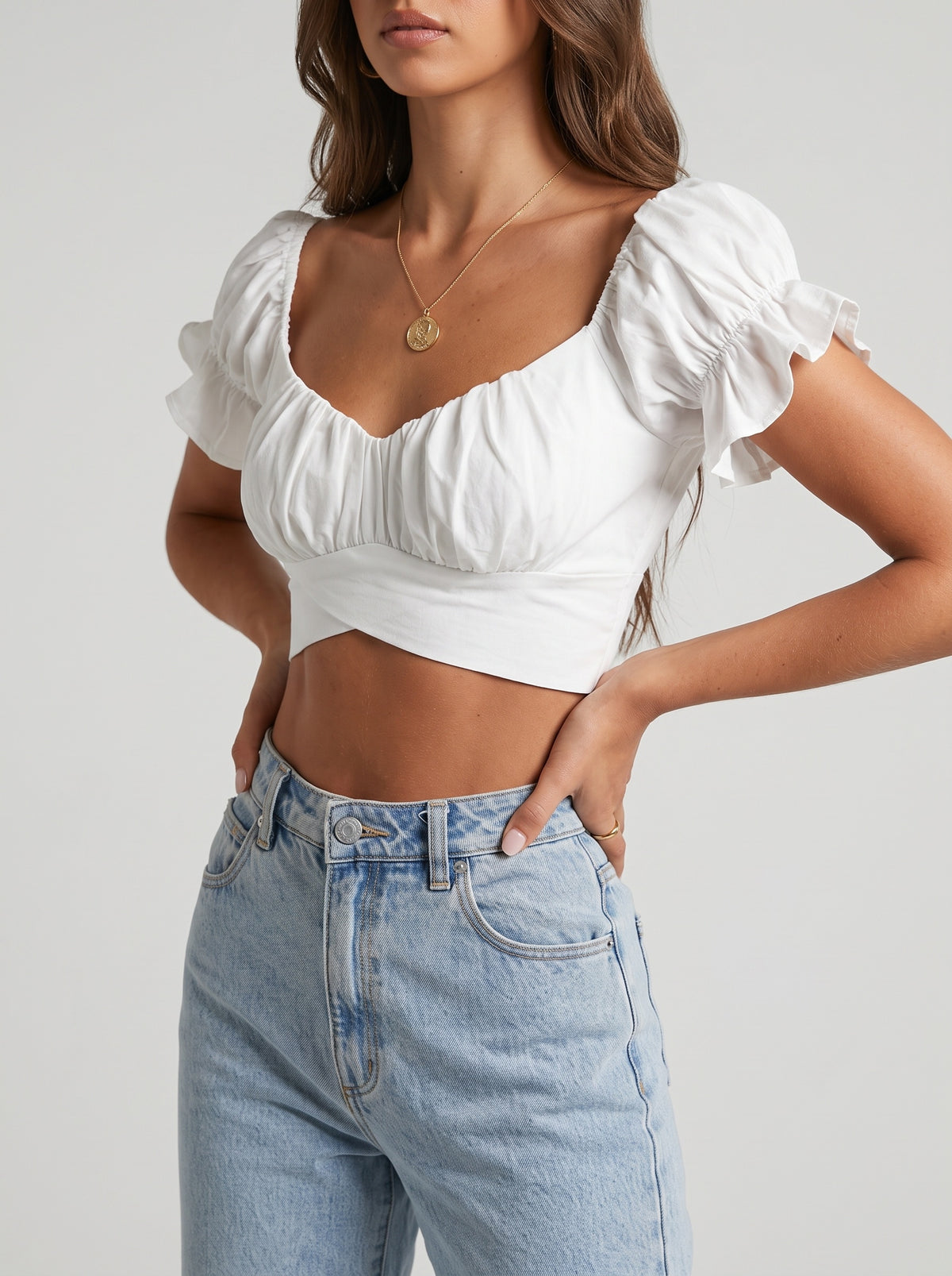 Celeste Flowing Puff Sleeve Crop Top - White