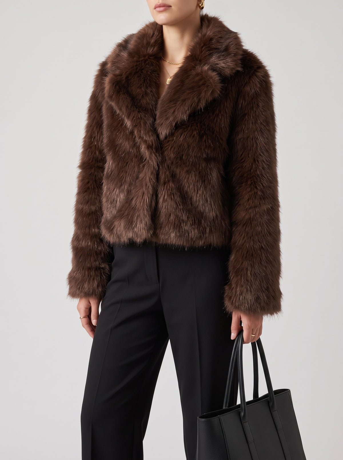 Marian Short Faux Fur Coat with Wide Lapels — Brown
