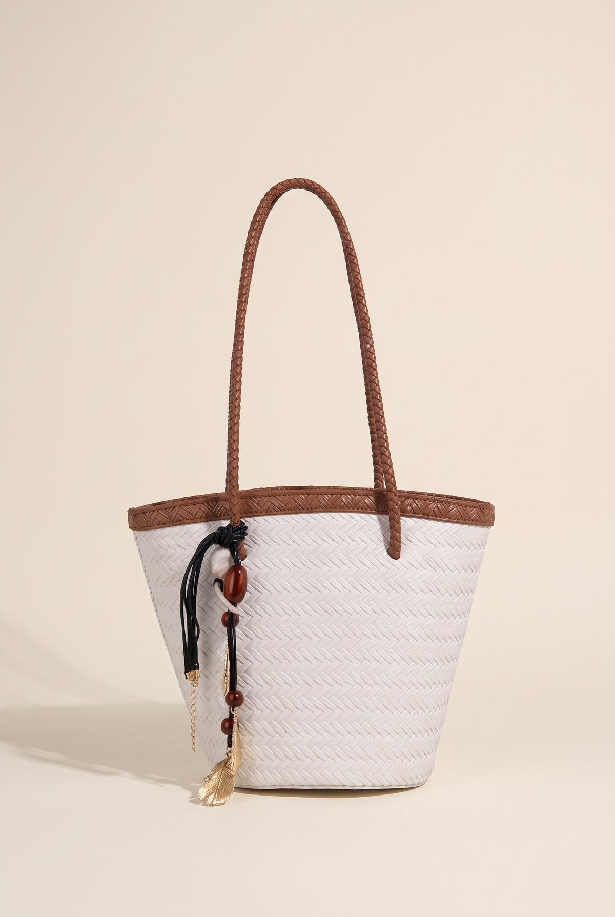 Meryl Woven Bucket Bag with Pouch — White