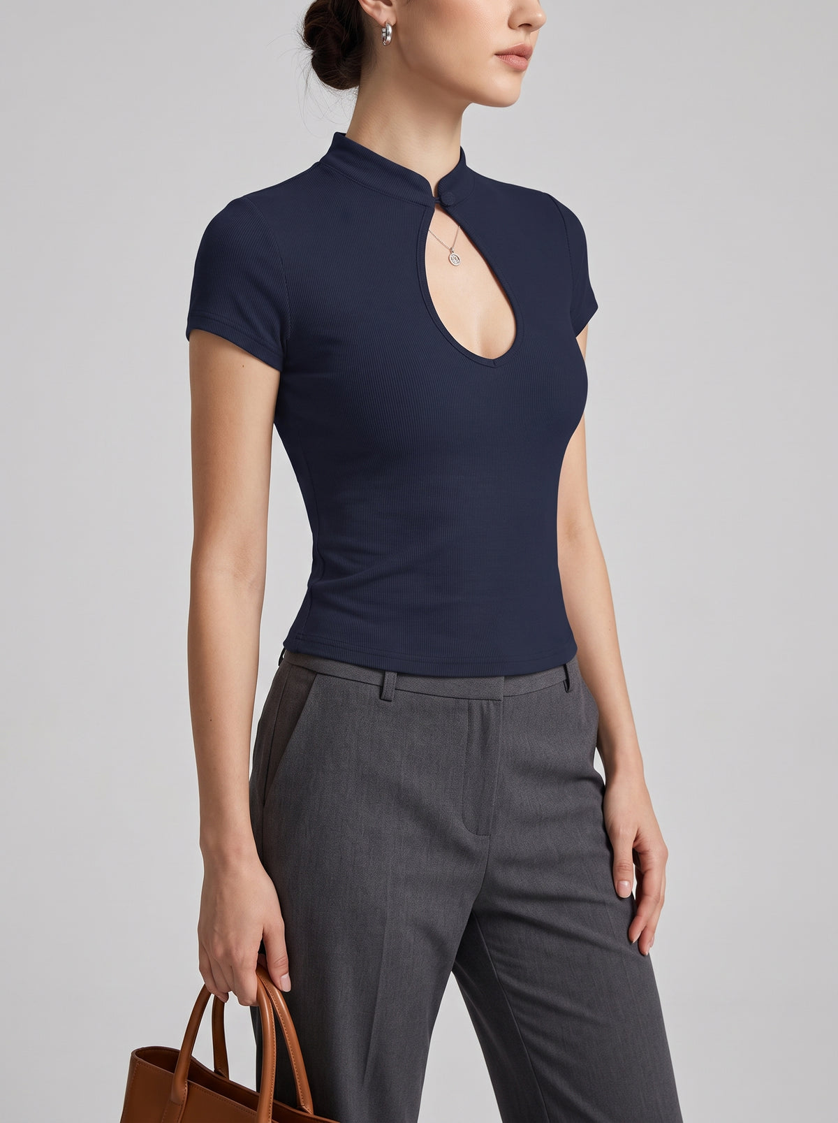 Ximena Mandarin Collar Blouse with Knot Buttons — Navy