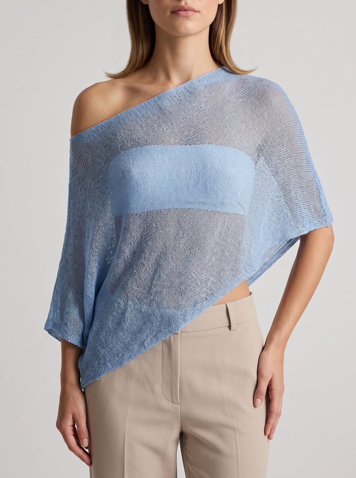 Asymmetric Sheer Knit Poncho Top — Blue