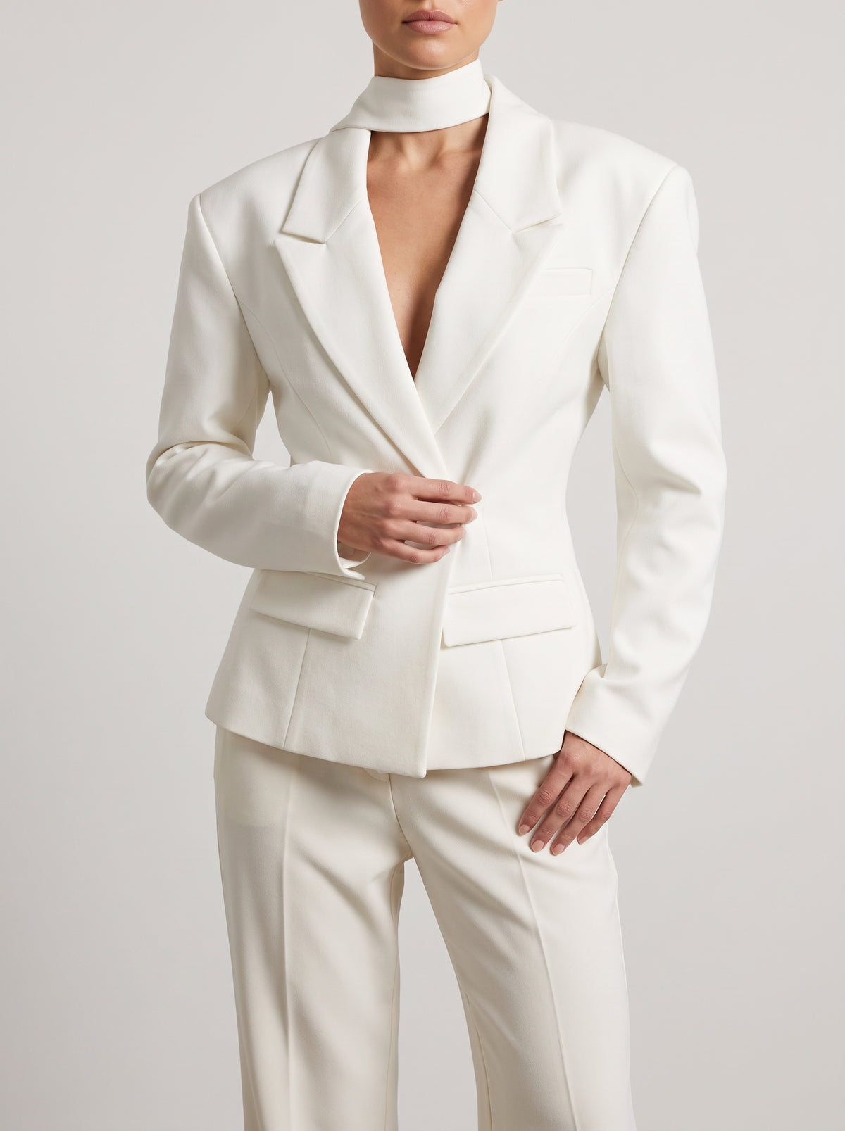 Janna One-Button Scarf Collar Blazer - White