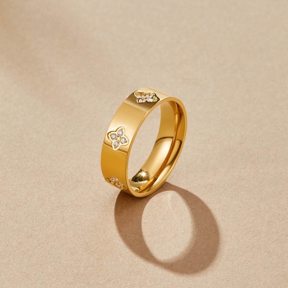 Bague anneau trèfle cristal et or