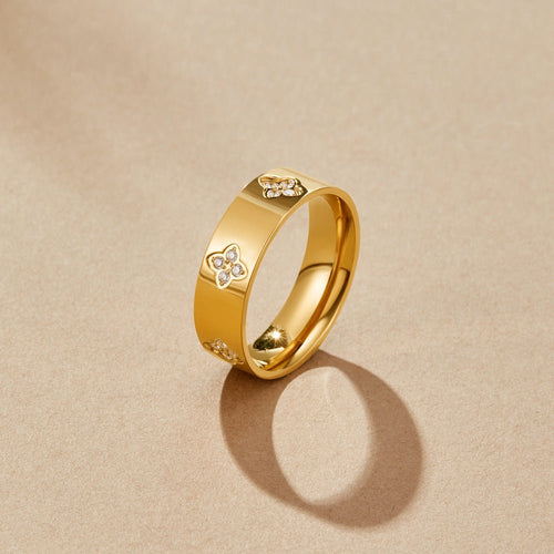 Bague anneau trèfle cristal et or