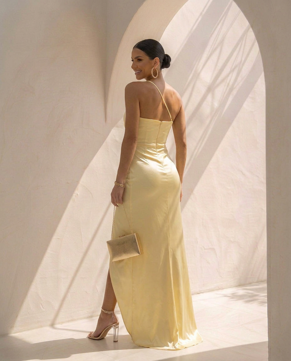 Opaline · Robe asymétrique en satin
