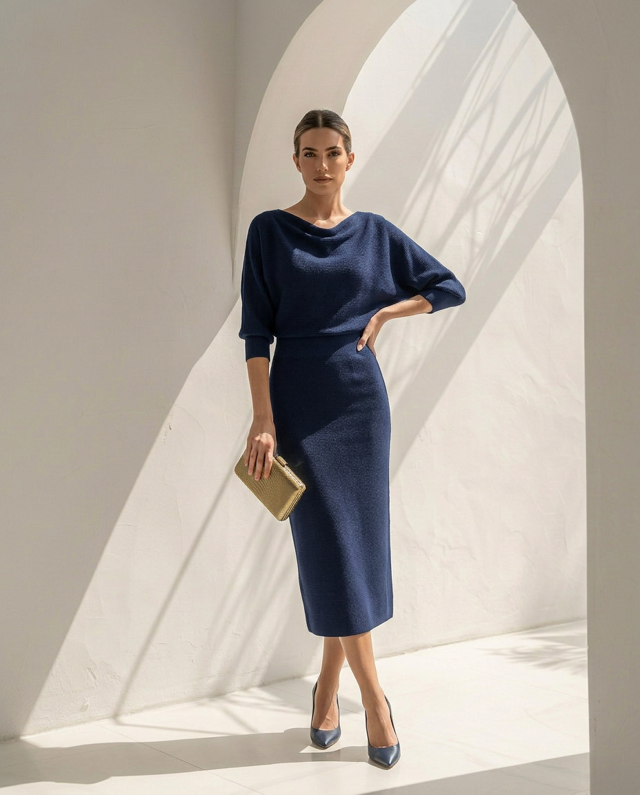 Isolde · Midikleid mit Fledermausärmeln und Drapierung