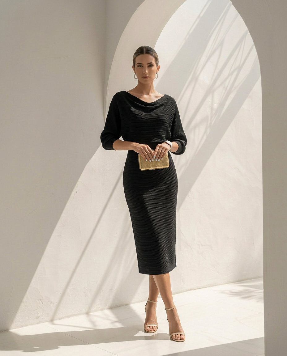Isolde · Midikleid mit Fledermausärmeln und Drapierung