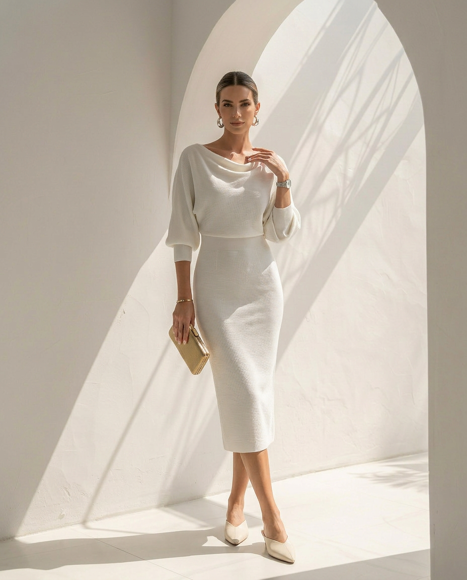 Isolde · Midikleid mit Fledermausärmeln und Drapierung