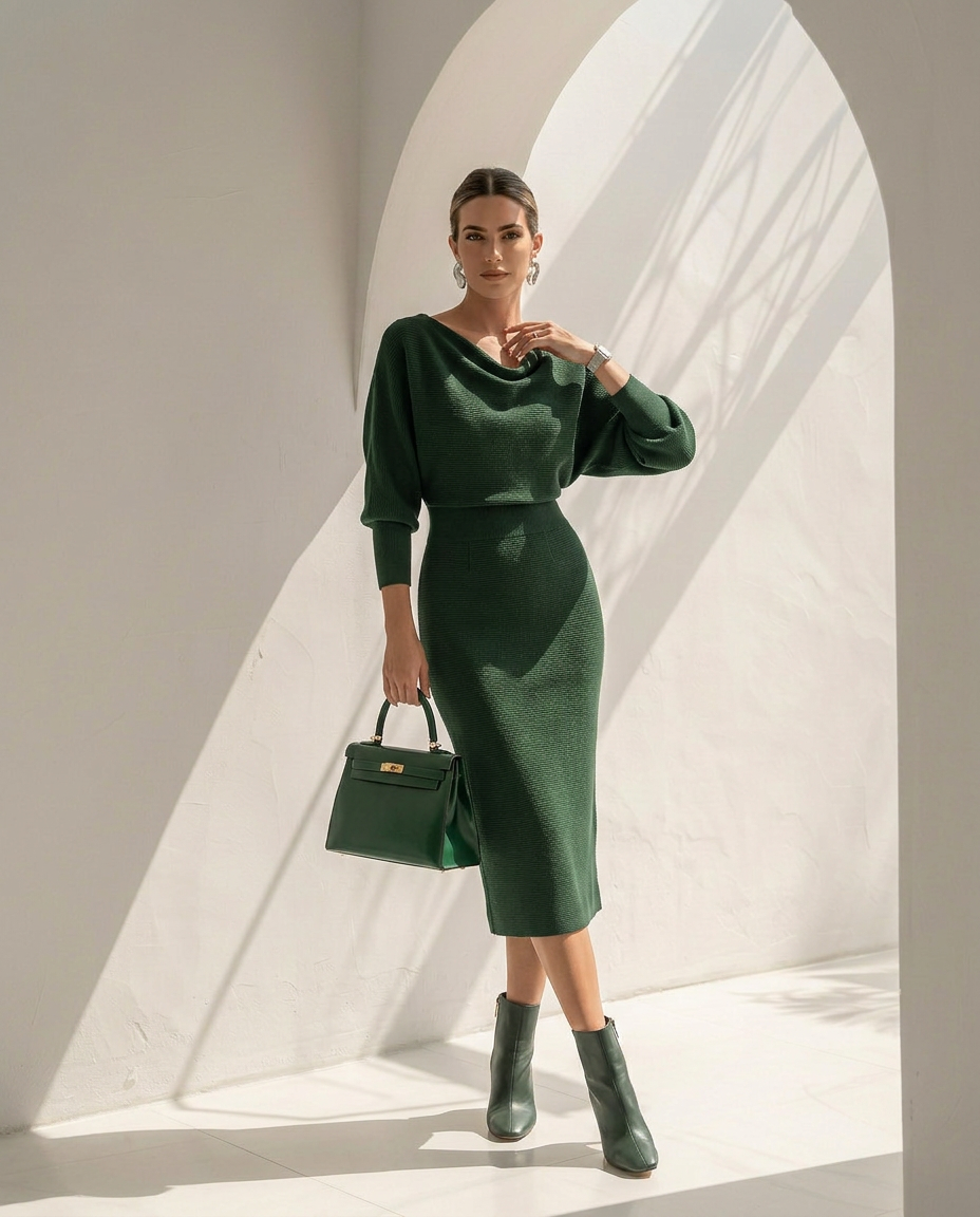 Isolde · Midikleid mit Fledermausärmeln und Drapierung