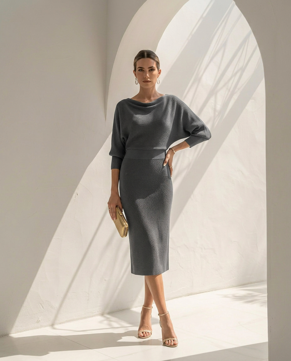 Isolde · Midikleid mit Fledermausärmeln und Drapierung