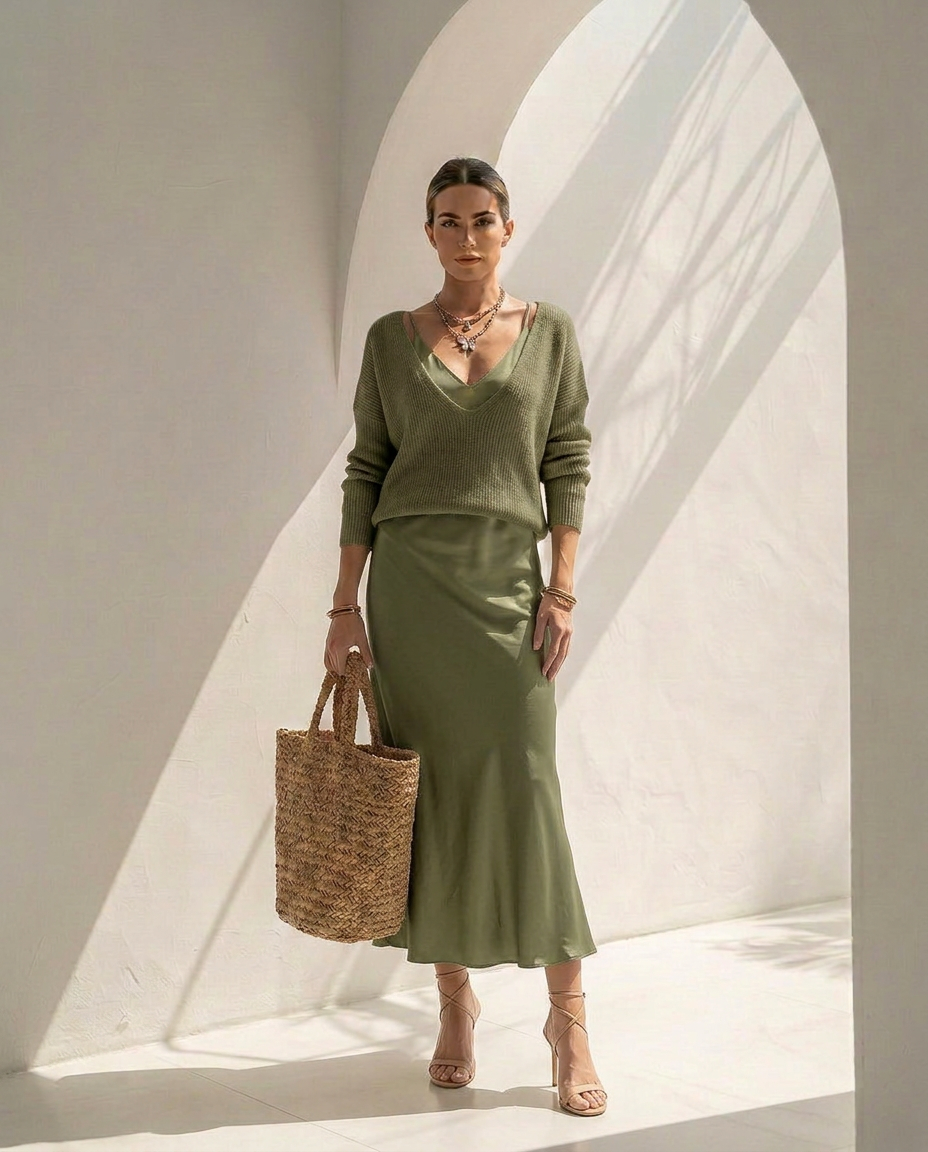 Velaria · Robe midi en satin avec gilet coordonné