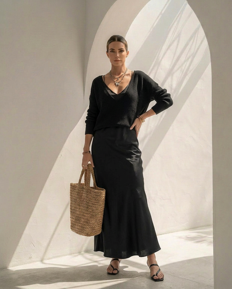 Velaria · Robe midi en satin avec gilet coordonné