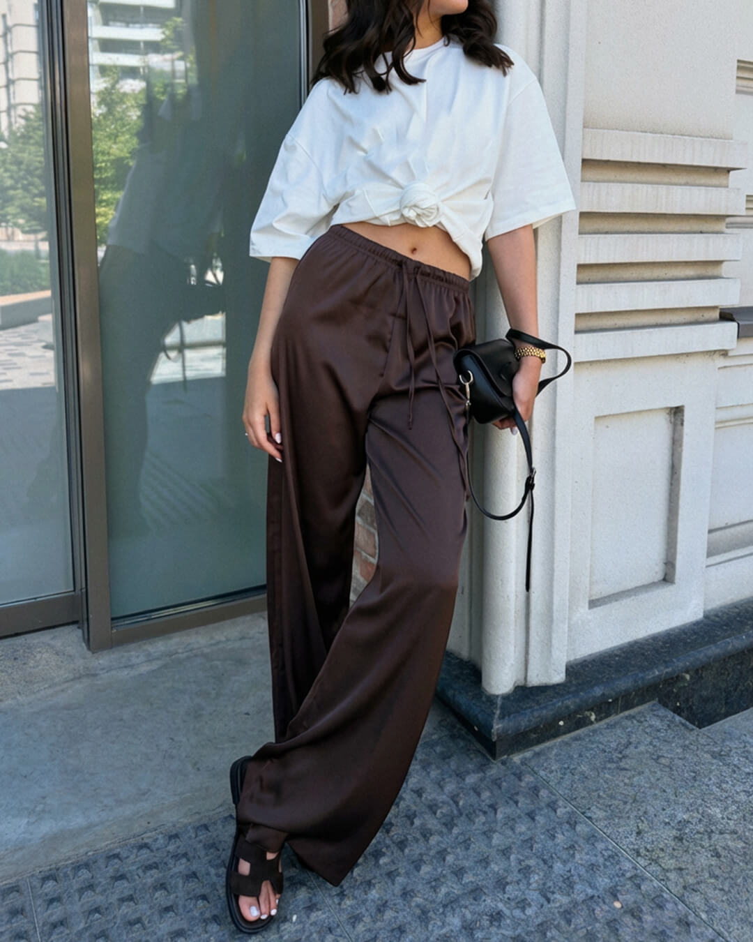 Pantalon large en satin taille haute Norma