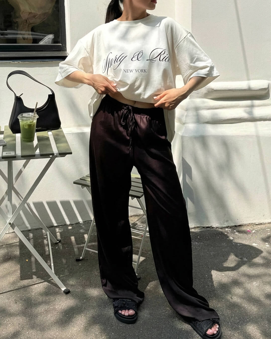 Pantalon large en satin taille haute Norma