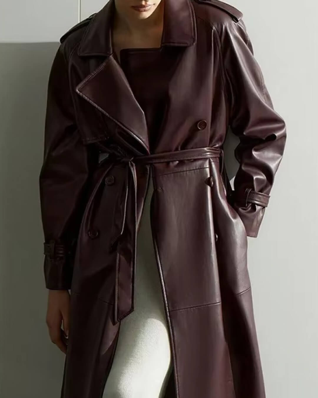 Manteau long maxi style trench en similicuir Cassy