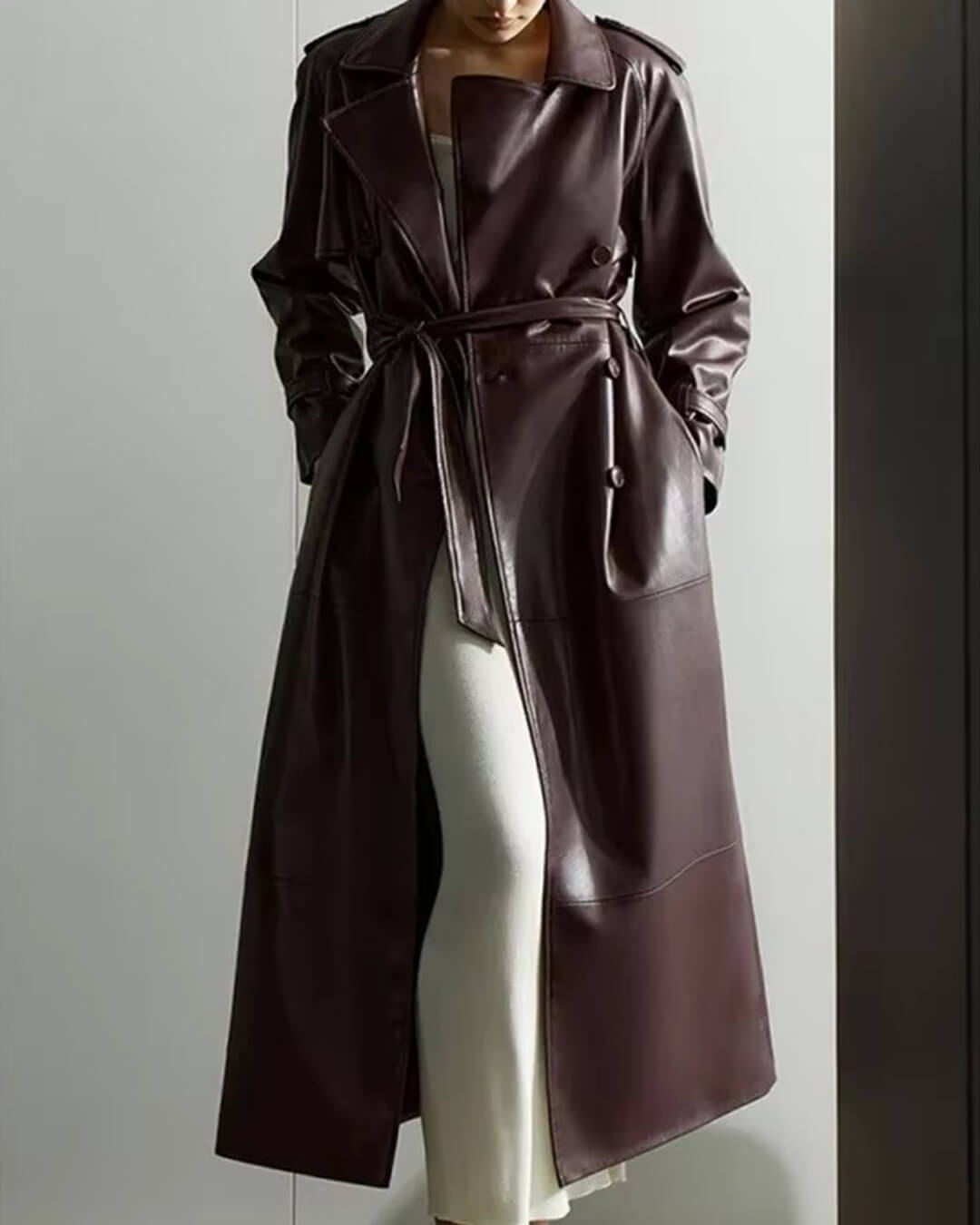 Manteau long maxi style trench en similicuir Cassy