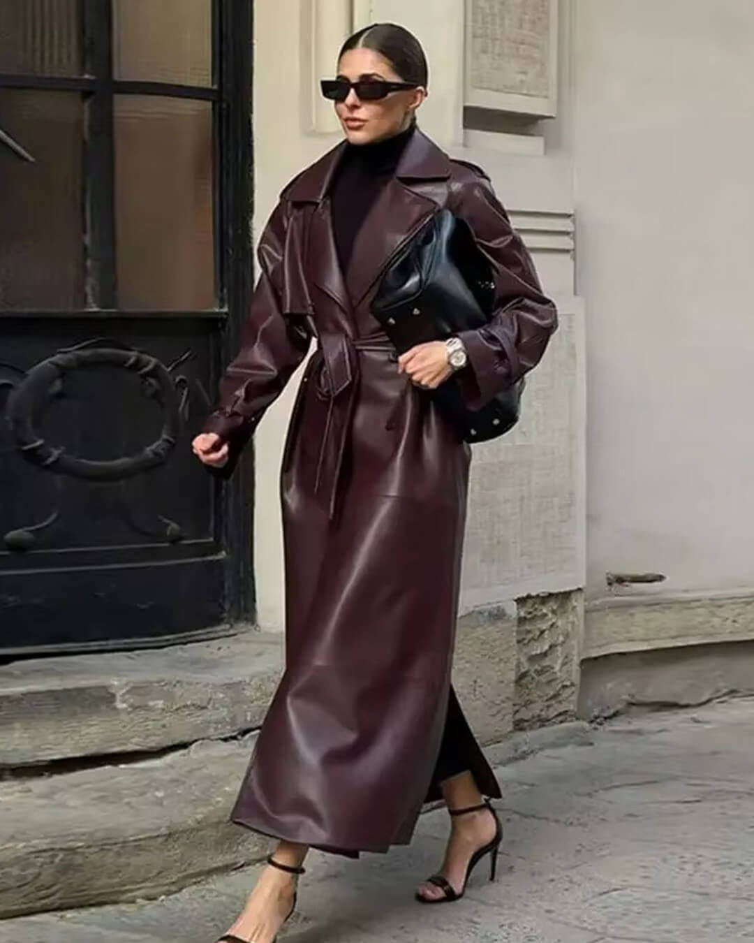 Manteau long maxi style trench en similicuir Cassy