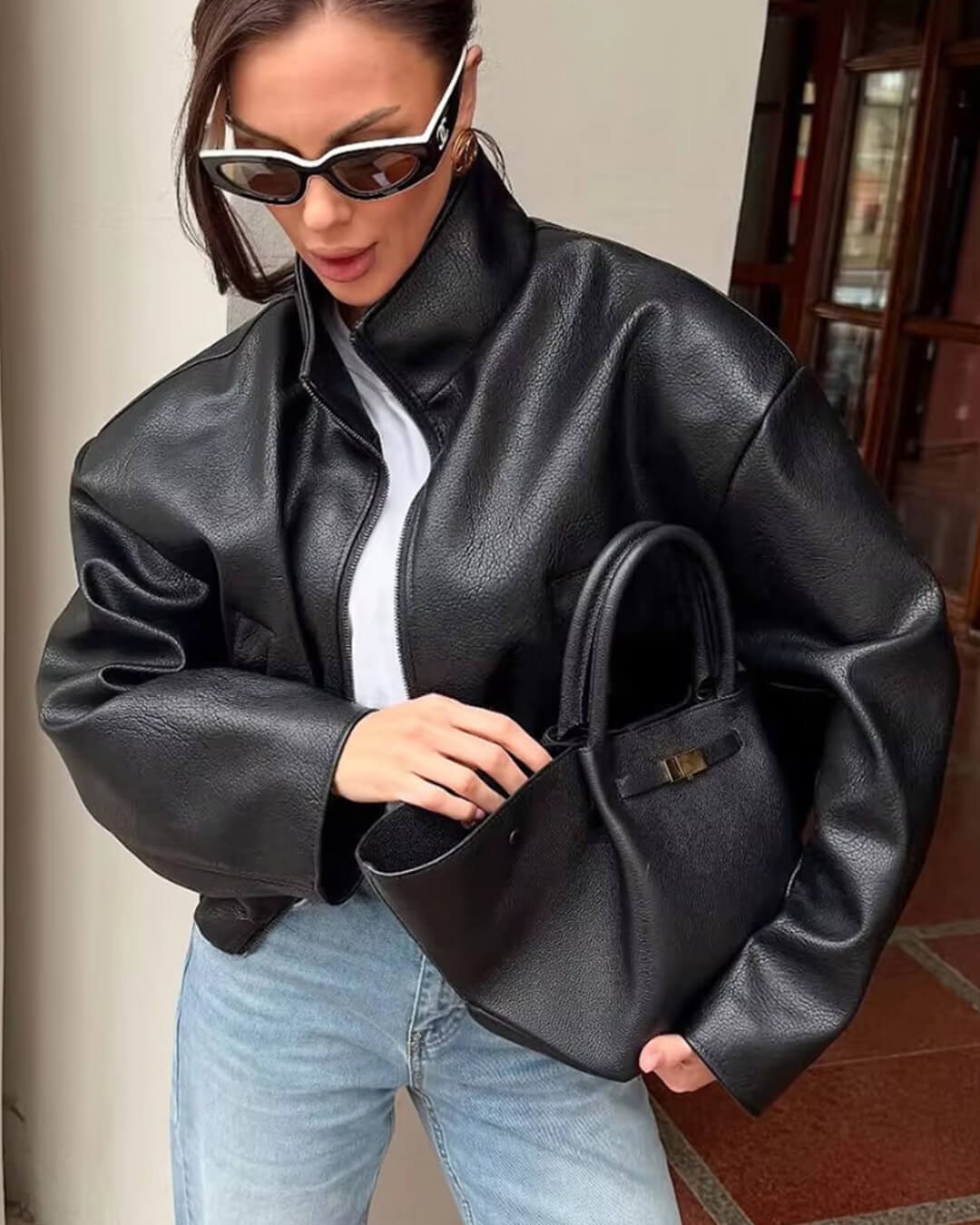 Veste en cuir avec fermeture éclair Zip