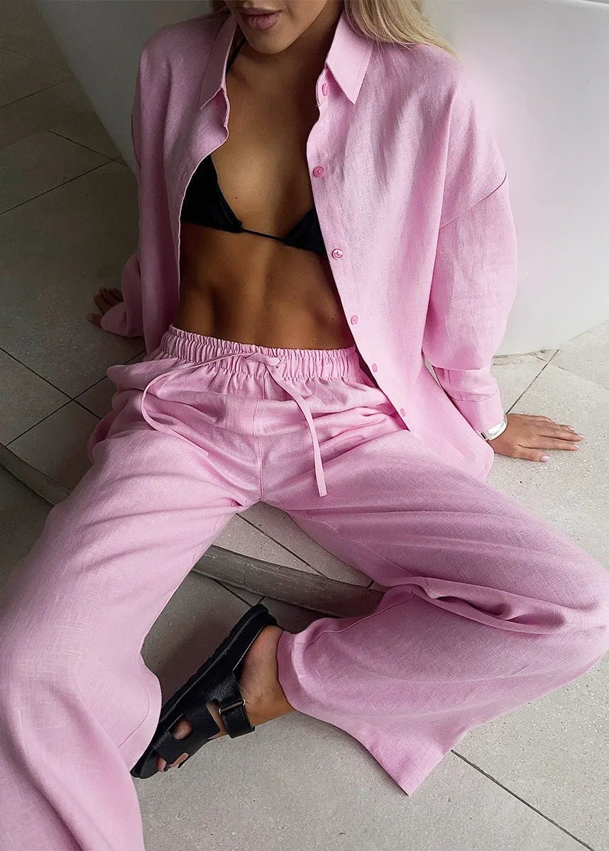 Katie ensemble détente en coton avec chemise boutonnée et pantalon large