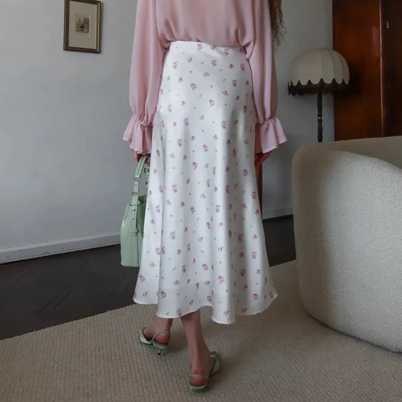 Jupe midi satinée taille haute imprimée Kate