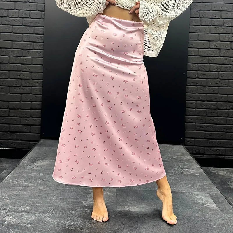 Jupe midi satinée taille haute imprimée Kate