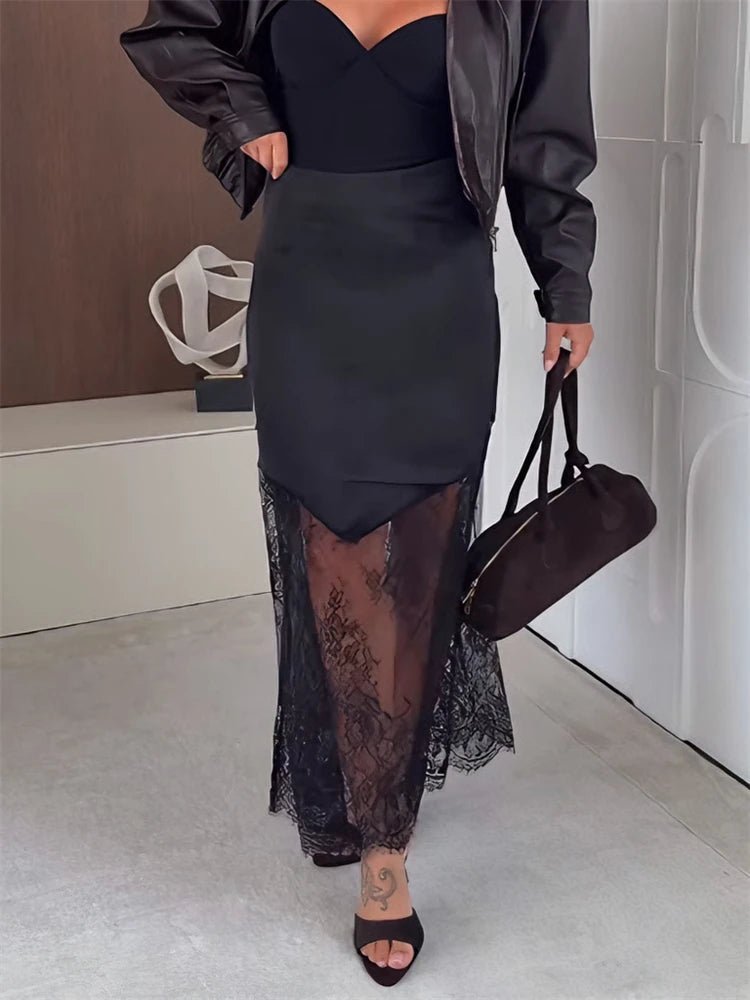 Lia jupe longue maxi en satin et dentelle