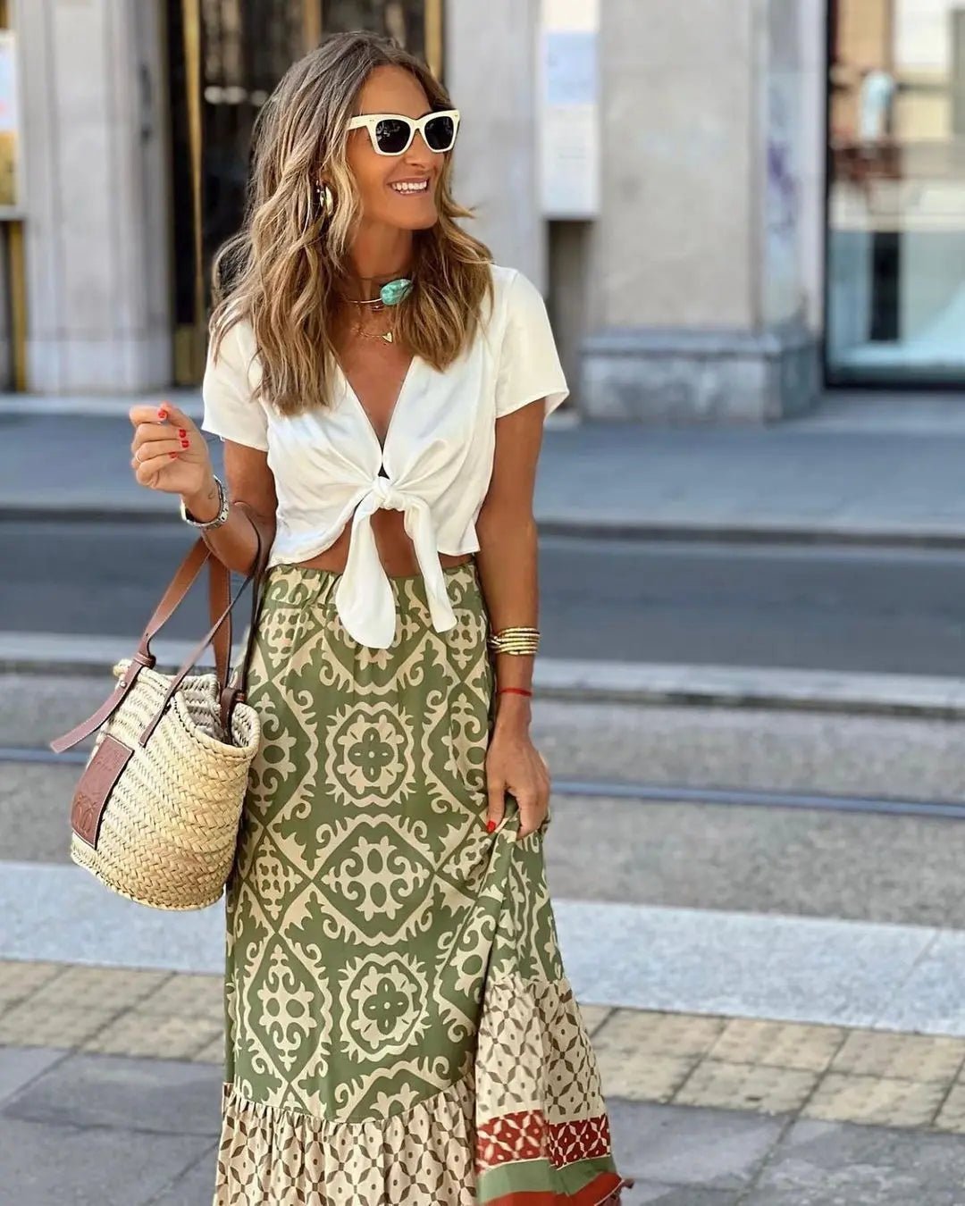 Rhea Boho – Jupe midi imprimée et évasée