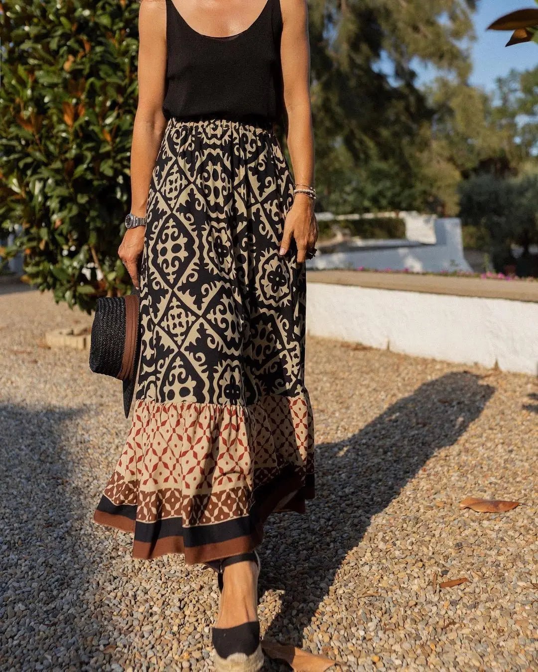 Rhea Boho – Jupe midi imprimée et évasée