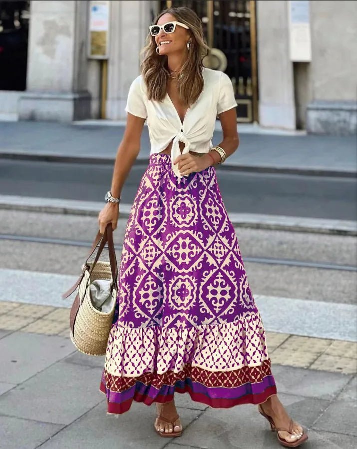 Rhea Boho – Jupe midi imprimée et évasée