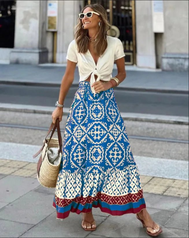 Rhea Boho – Jupe midi imprimée et évasée