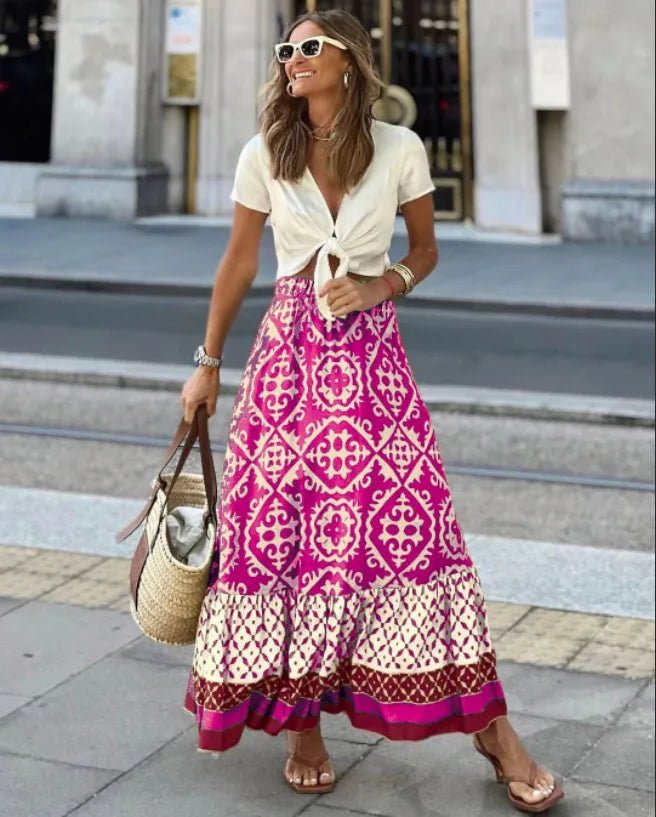 Rhea Boho – Jupe midi imprimée et évasée