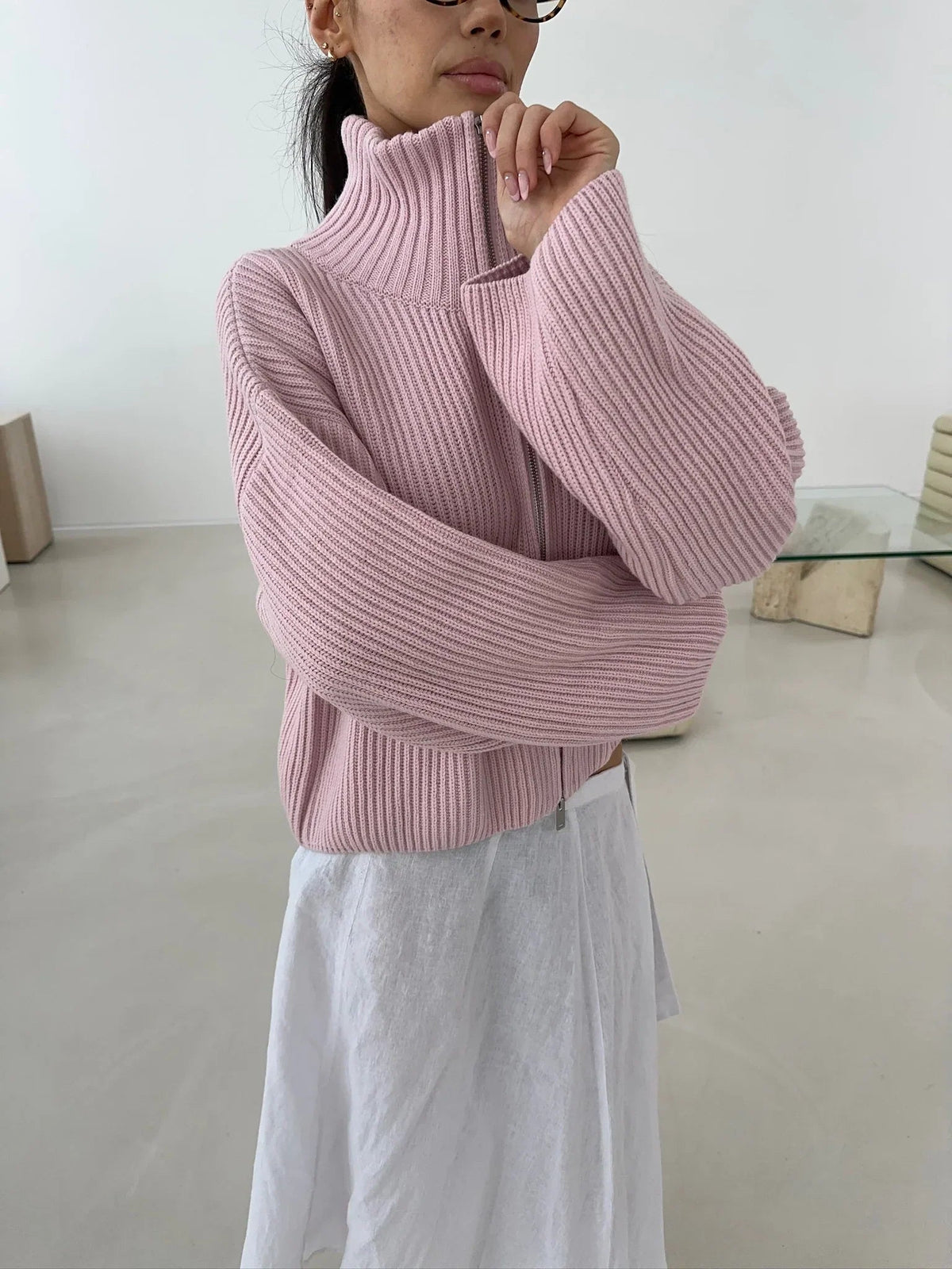 Daniela – Cardigan oversize en maille côtelée zippé