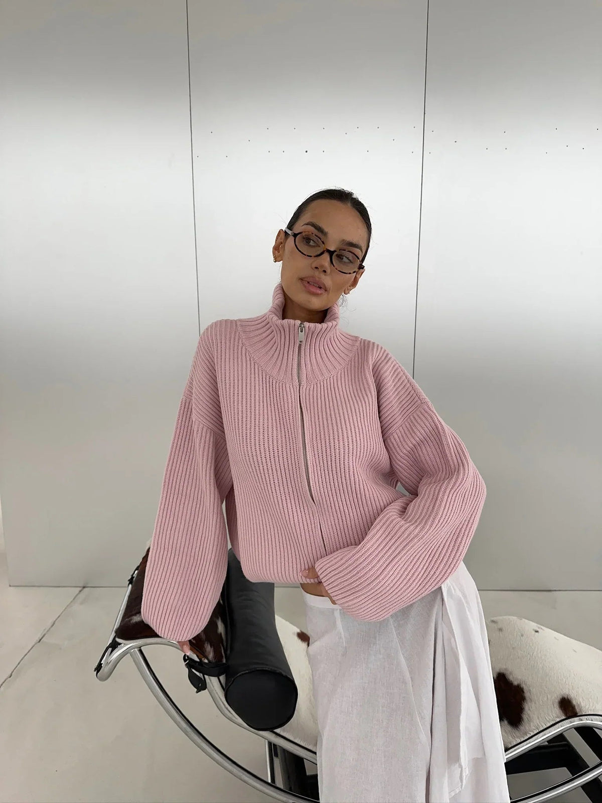 Daniela – Cardigan oversize en maille côtelée zippé