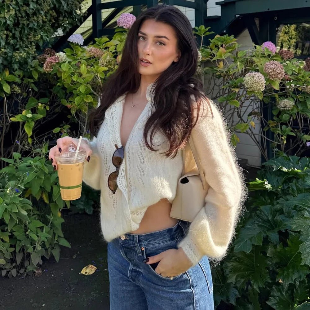 Cardigan blanc en maille dentelle Lia