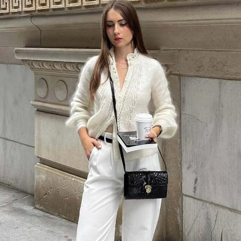 Cardigan blanc en maille dentelle Lia