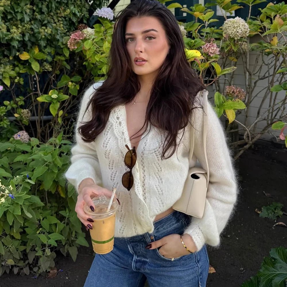 Cardigan blanc en maille dentelle Lia