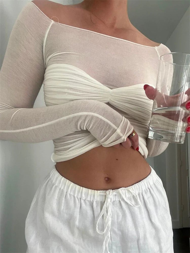 Top Sara en résille transparente à épaules dénudées