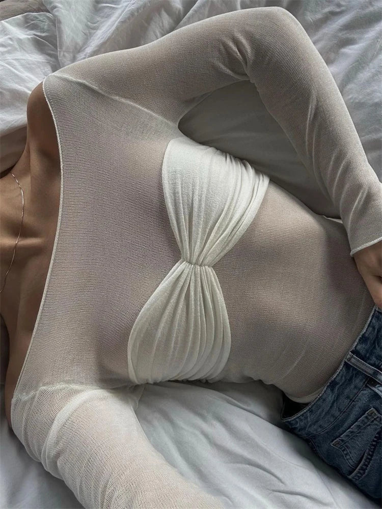 Top Sara en résille transparente à épaules dénudées