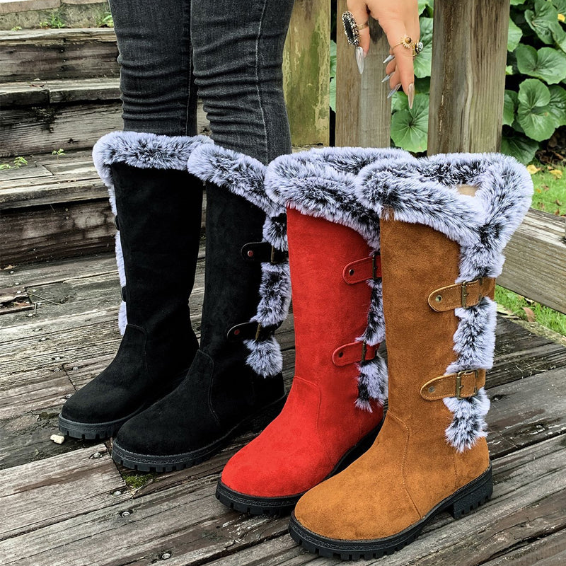 Bottes de neige pour femmes à hauteur mi-mollet avec doublure épaisse en fausse fourrure【Livraison gratuite】