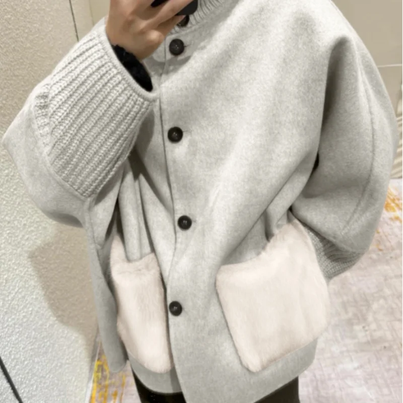 Manteau en maille avec col montant Terry et fausse fourrure