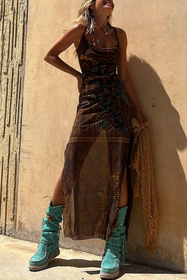 Robe Longue Nuisette Sexy en Tulle, Fendue