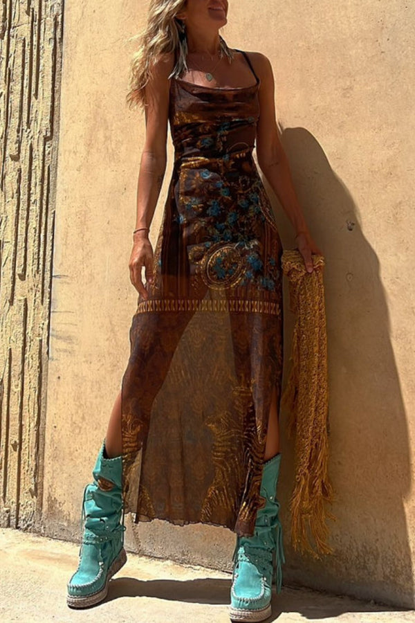 Robe Longue Nuisette Sexy en Tulle, Fendue